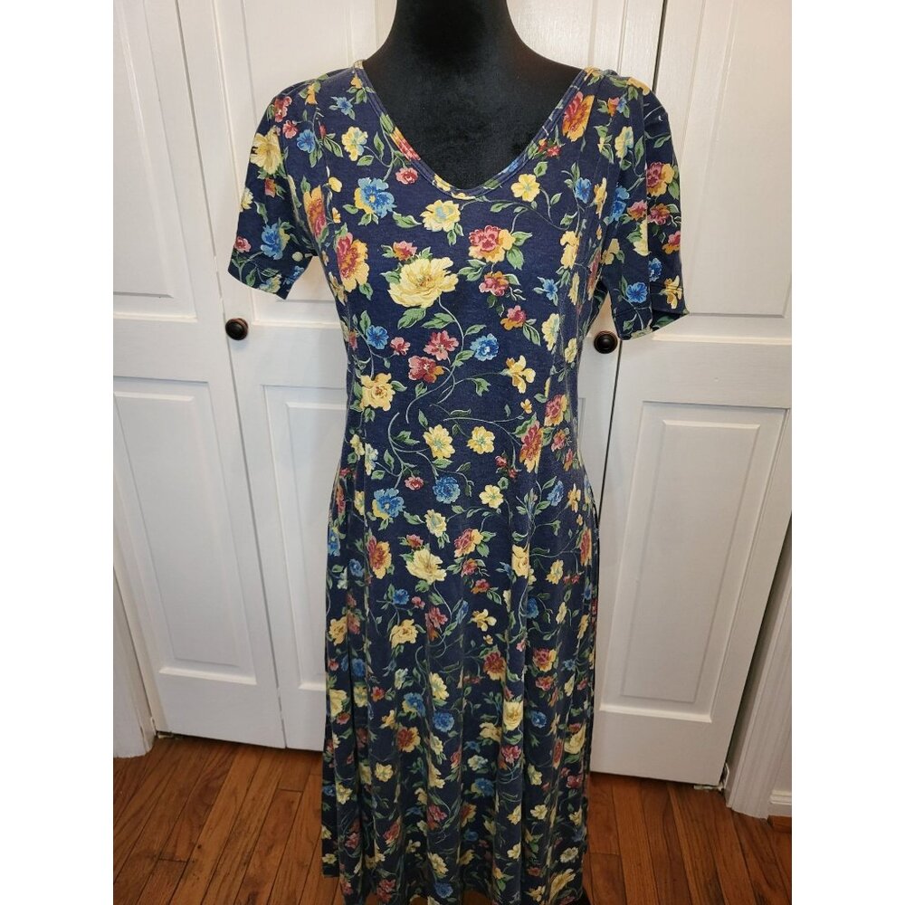 Vintage 90s Navy Floral Fit Flare Midi Dress M Cottage Grunge Spring Easter